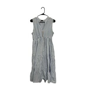 Blue & White Striped Sleeveless Button Front Midi Dress‎